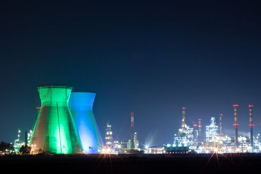 Oil refinery colored lights at night