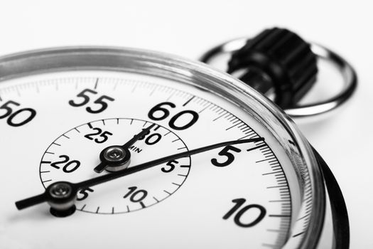 silver stopwatch closeup 5 sec isolated on white