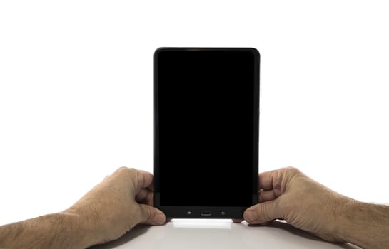 male hands with computer tablet in the hands isolated on white background