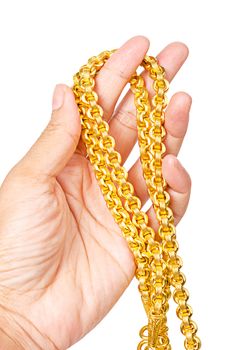 gold necklace on hand isolated on white background, Save clipping path.