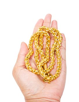 gold necklace on hand isolated on white background, Save clipping path.