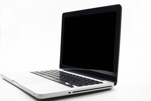 Silver laptop with keyboard reflection on the screen side view isolated on white