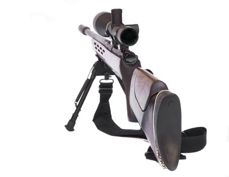Sniper Rifle with scope atached on a tripod rear view isolated on white background