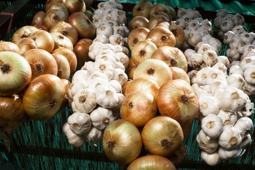 Onions and garlic hanging on string