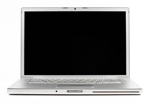 silver laptop front wiev with black screen isolated on white background