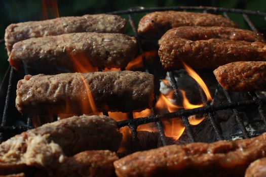 barbeque meat on the grill with flames under 