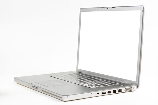 silver laptop side view with black screen isolated on white background