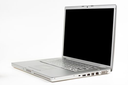 silver laptop side view with black screen isolated on white background