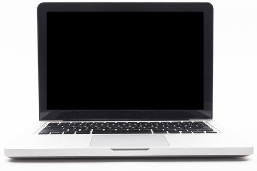 Silver laptop with blank black screen isolated on white background