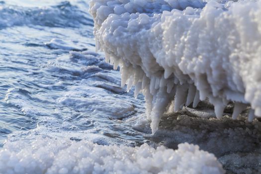 Dead Sea Salt structure reaching edge of the water