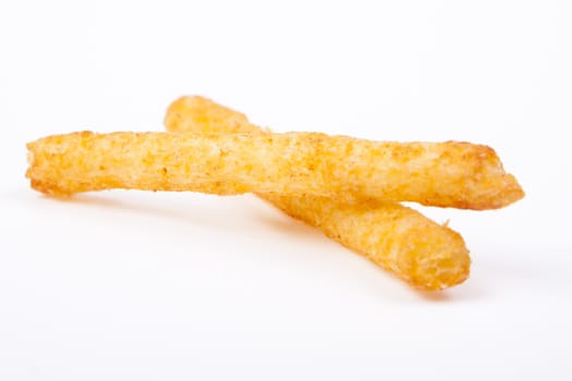 two spiced french fries on white background