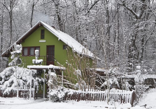 green house in the middle of the forest covered with snow 