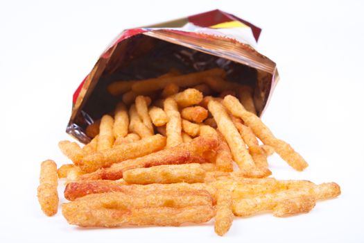 spicy french fries snacks in a abag on white background