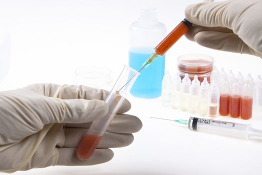 sampling blood with a syringe and aplastic tube in lab on white background