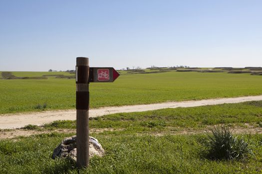 bicycle trail arrow sign on green grass background with blue sky