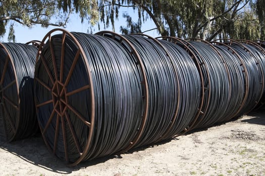 black irrigation hose  round wrap with green wheat in the background desert agriculture