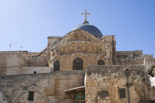 church in jerusalem in mid day blue sky
