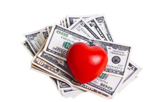 red heart and dollar bills isolated on white background