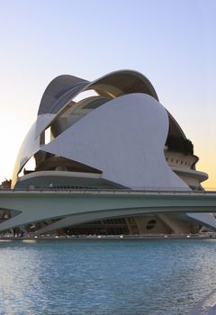 big white fish like looking building sorunded by water on sunset sky background