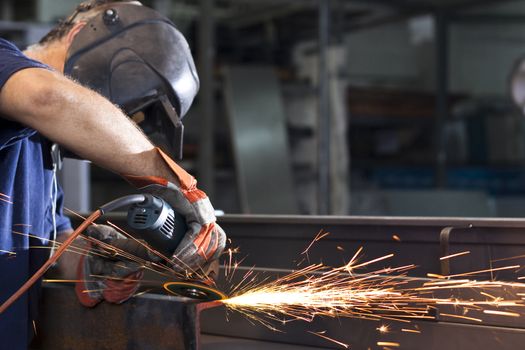 sparks during working with steel in the factory