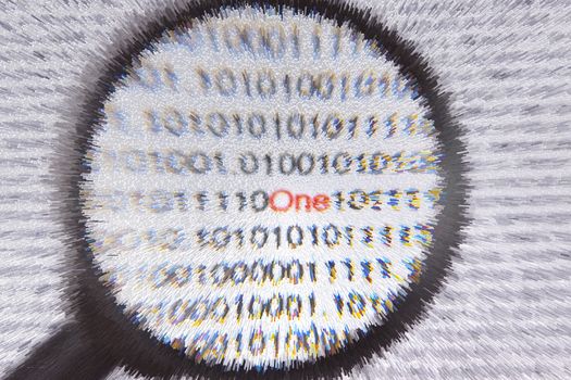 binaric code omwhite background one in red magnifying glass