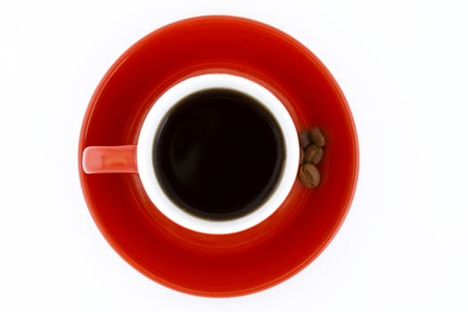 red mug and plate espreso and coffee beans on white background