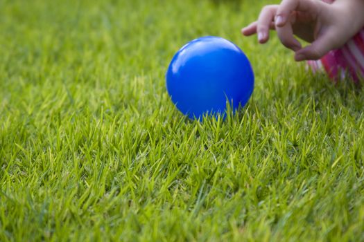 child playing with a blue ball on green grass