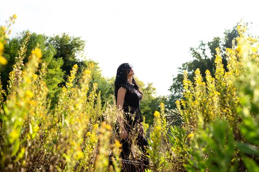 young beautiful fashion girl in yellow field wearing sunglasses