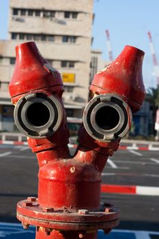 red double headed fire hydrant on the street