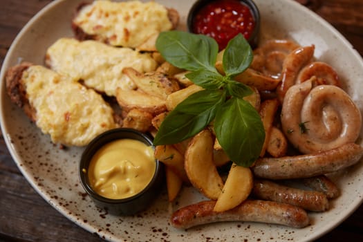 Grilled assorted sausages with French fries, bruschettes with cheese and sauces