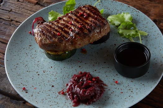The beef steak on plate. Shallow dof