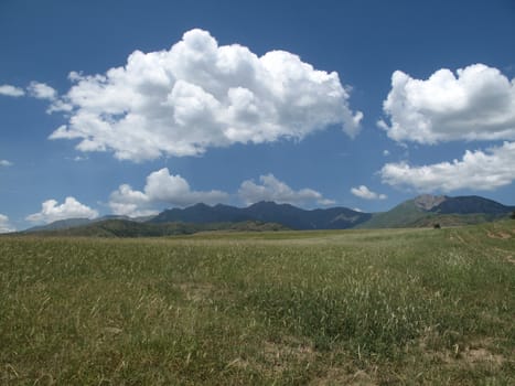 a field in the foothills of Uzbekistan with beautiful clouds and simple scenery                           