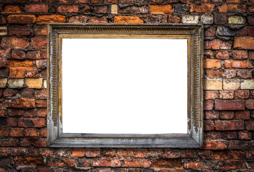Vintage Retro Gold Ornate Art Frame On A Rstic Red Brick Wall Background With Isolated Blank Center