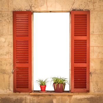 Open Villa Window With Red Shutters And Isolated Space For Text
