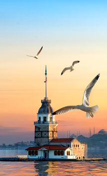 Maiden Tower in Istanbul in the evening, Turkey