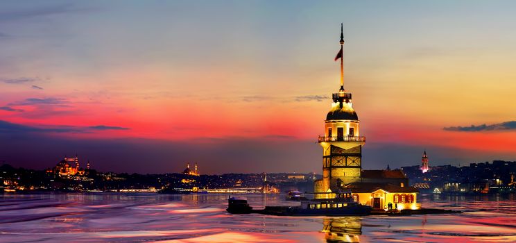 Maiden Tower in Istanbul in the evening, Turkey