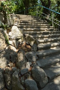 Beautiful stone staircase, steps leading up among the plants and trees in the Park.