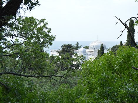 The dome of the building in Arabic style behind the trees on the background of the sea.