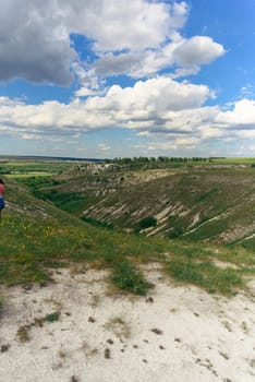 Beautiful view of grassy ravine on sky background with clouds, vertical shot.