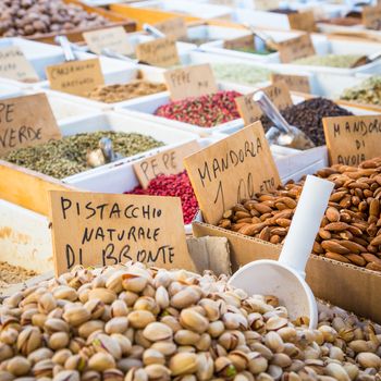 Syracuse, Sicily, Italy. Detail of the traditional local pistachios and almonds market.