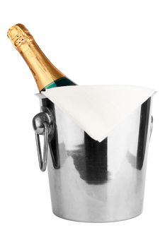bottle of champagne in an ice bucket isolated on white