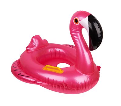 Swimming ring in shape of pink flamingo isolated on white