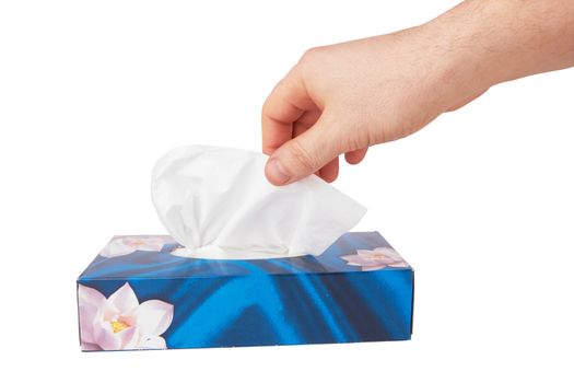 Tissue box with hand isolated on a white background 