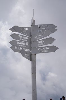 Metal pillar Pointer on top of mount Tahtali in Turkey showing the distance to different cities of the world.