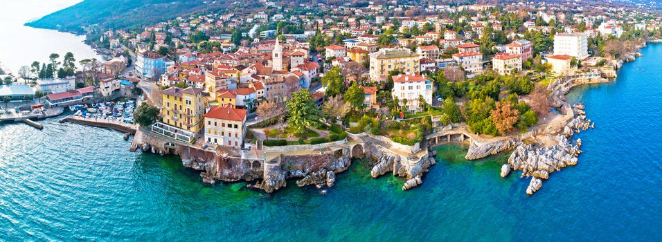 Town of Lovran and Lungomare sea walkway aerial panoramic view, Kvarner bay of Croatia