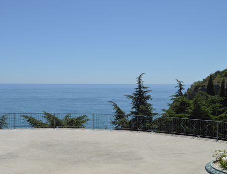 Top view of the sea and the tops of cypresses in the Park on a Sunny day.