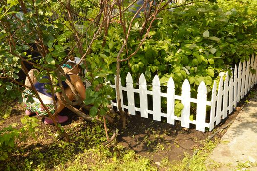 Woman working in the garden, squatting, her silhouette visible through the trees.