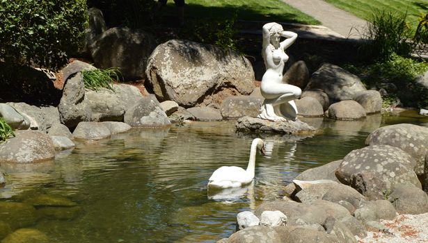 ART sculpture of Aphrodite bathing by the POND, NEXT to SWIMS a SWAN, in Aivazovsky Park, Crimea, Partenit, Russia 3 Jun 2018.