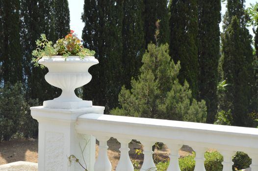 Close - up of balustrade with flower pot in Park on trees background.