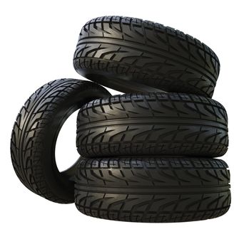 Group black tires, isolated on white background. 3d illustration